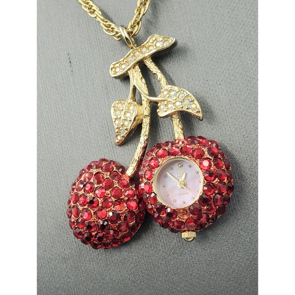 Suzanne Bjontegard Long Cherry Watch Necklace – Unworn Vintage – Red Rhinestones - Picture 4 of 8